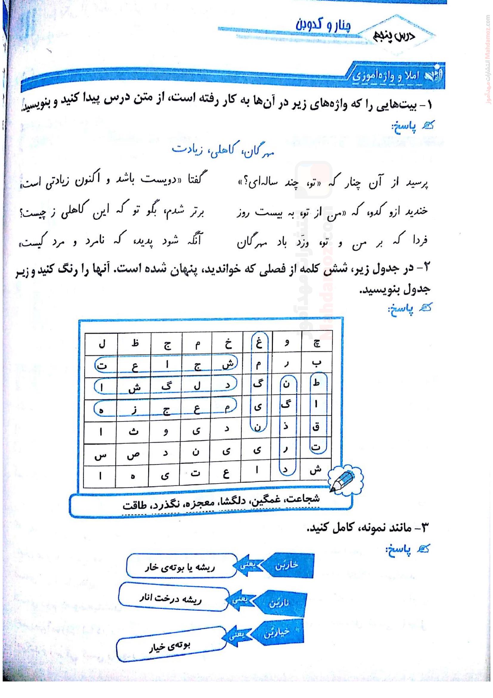 گام به گام درس 5 چنار و کدوبن فارسی پنجم ابتدایی