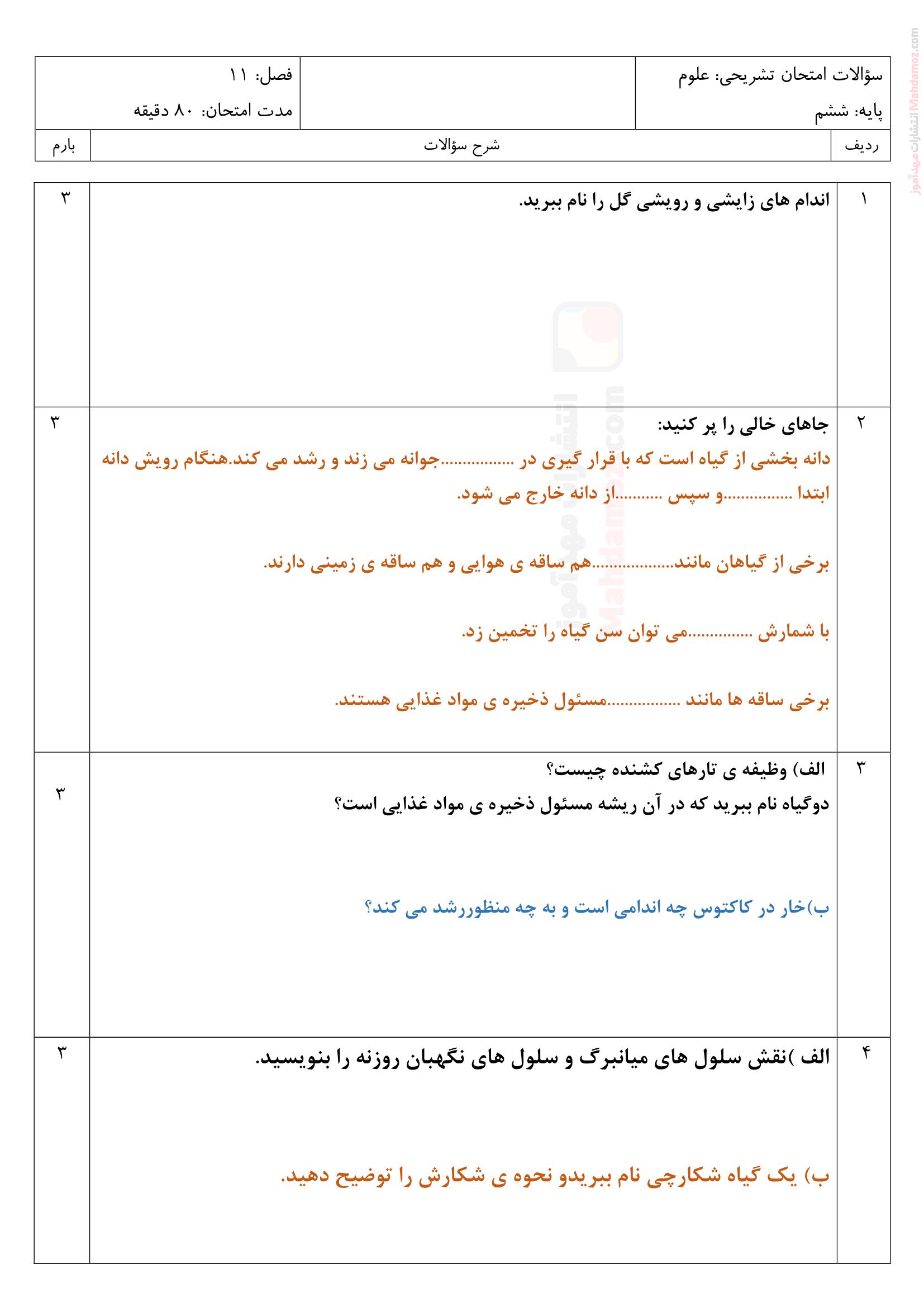 سوالات امتحان تشریحی درس 11 شگفتی های برگ علوم تجربی ششم | با جواب