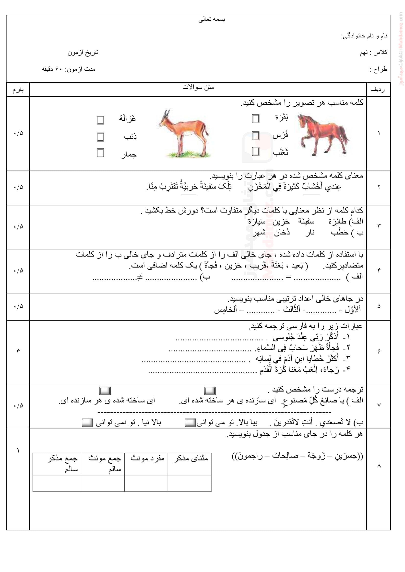 سوالات هماهنگ نیمسال اول عربی نهم | با جواب