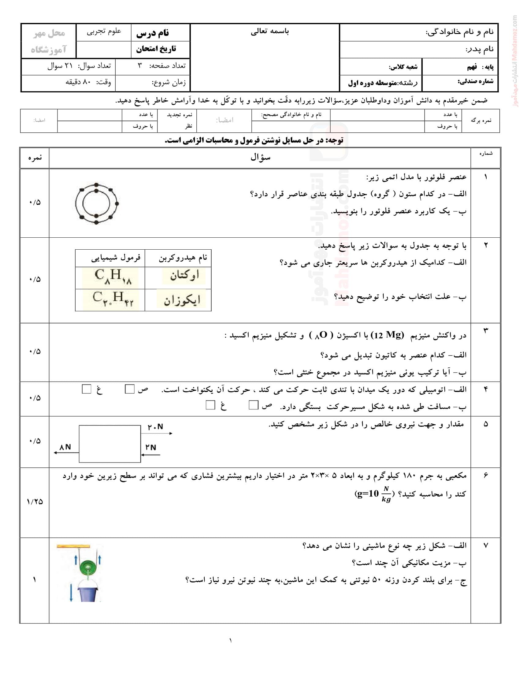 سوال امتحانی نوبت خرداد ماه علوم تجربی پایه نهم | با جواب