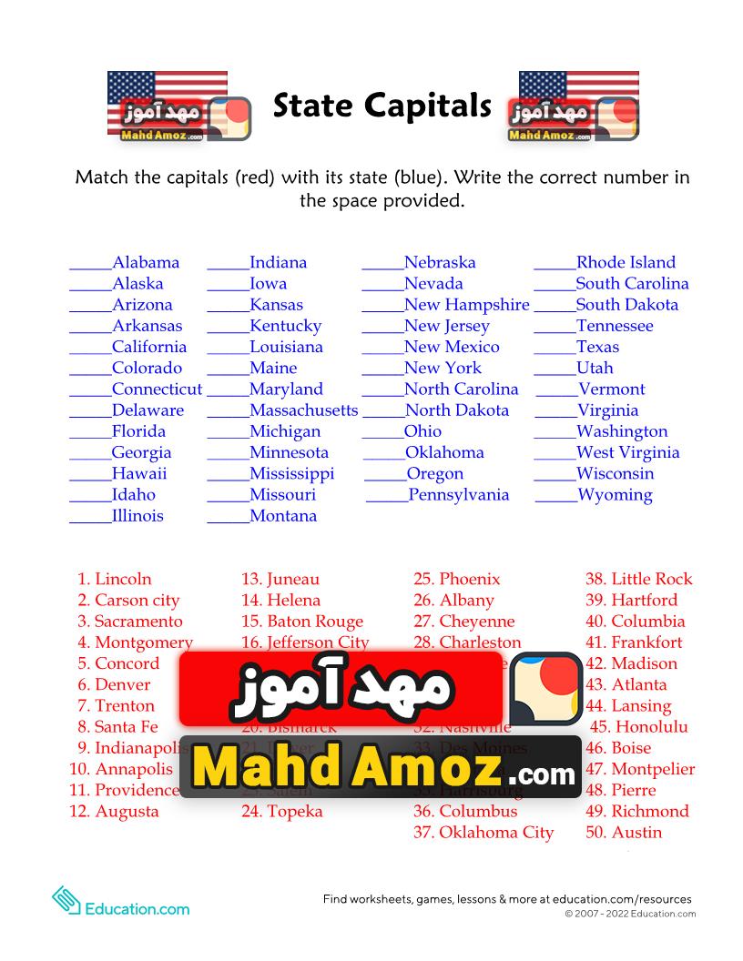 کاربرگ 50 States and Capitals Quiz کاربرگ 50 States and Capitals Quiz