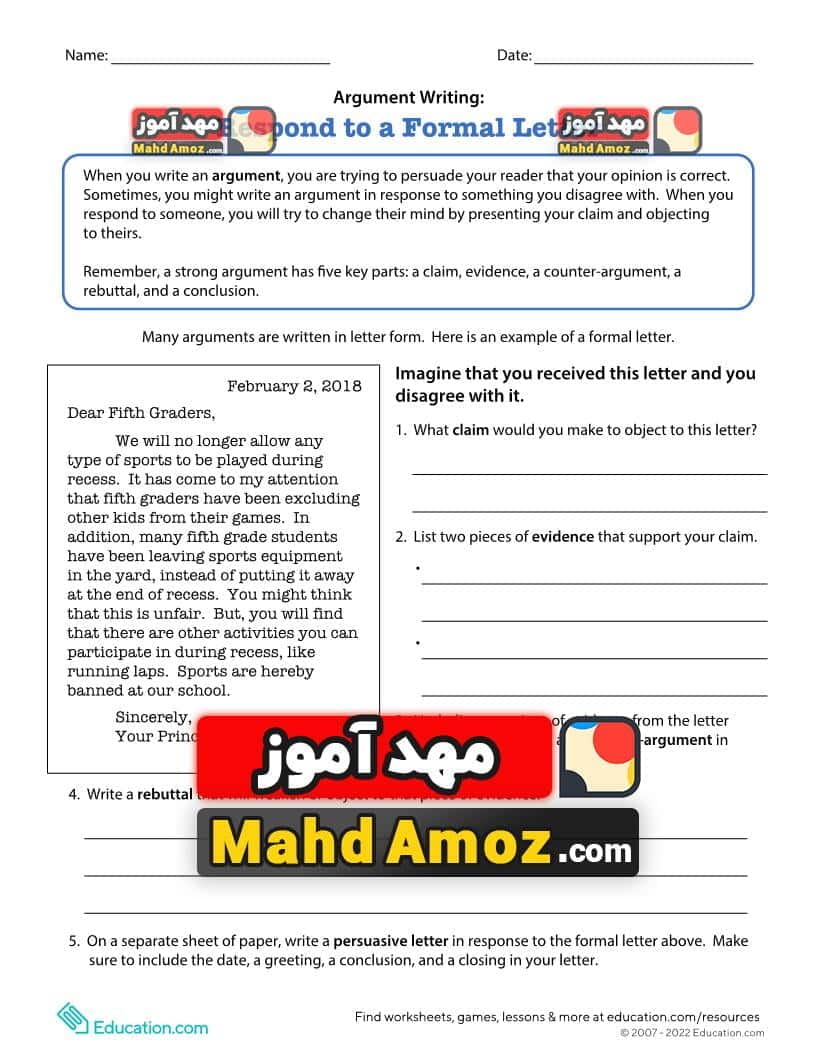 کاربرگ Argument Writing: Respond to a Formal Letter کاربرگ Argument Writing: Respond to a Formal Letter