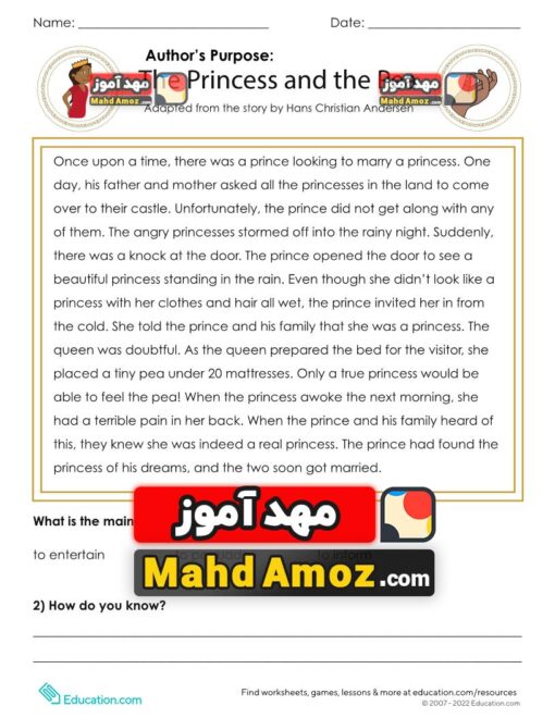 کاربرگ Author’s Purpose: The Princess and the Pea