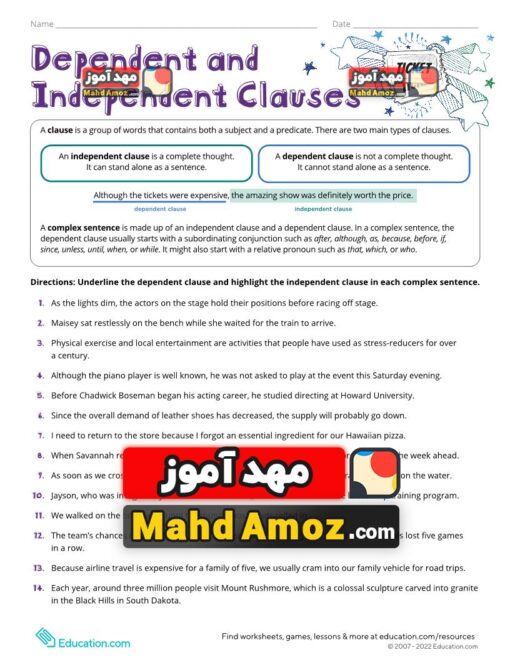 کاربرگ Dependent and Independent Clauses