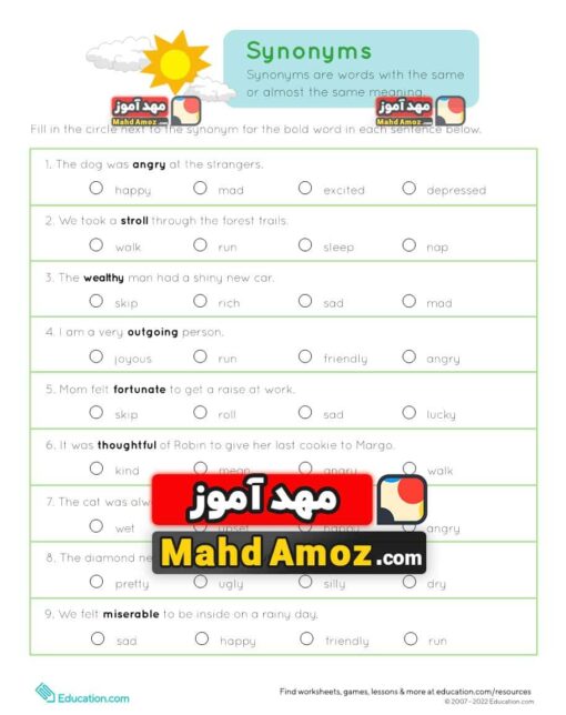 کاربرگ Find the Synonym