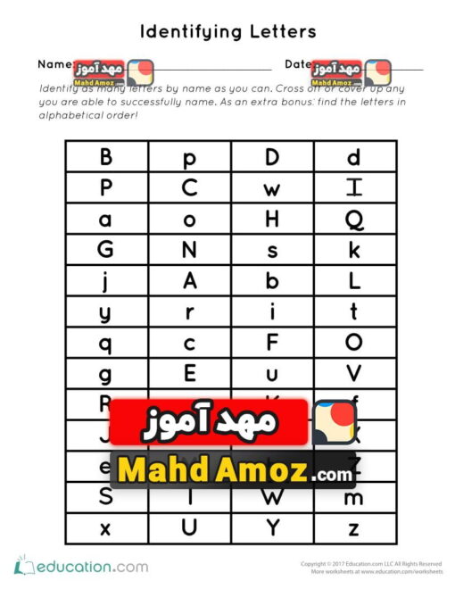 کاربرگ Identifying Letters Assessment
