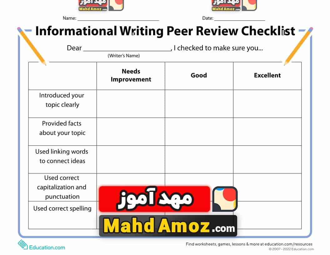 کاربرگ Informational Writing Peer Review Checklist