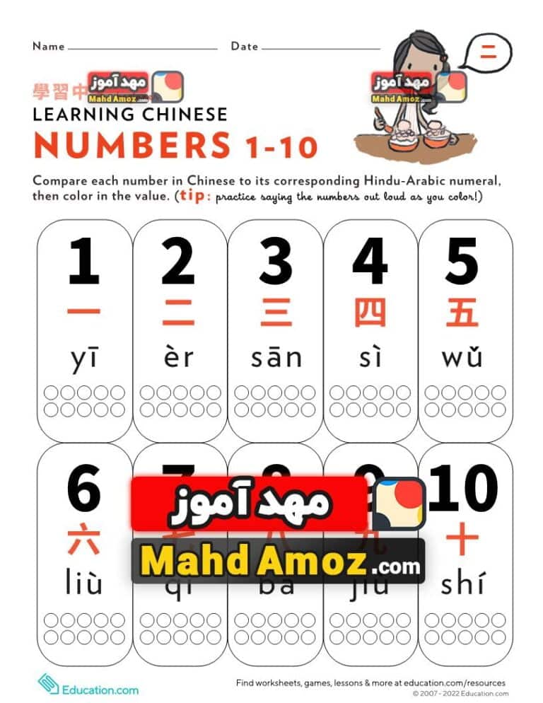 کاربرگ Learn Chinese: Color the Value, Numbers 1-10 — مهدآموز