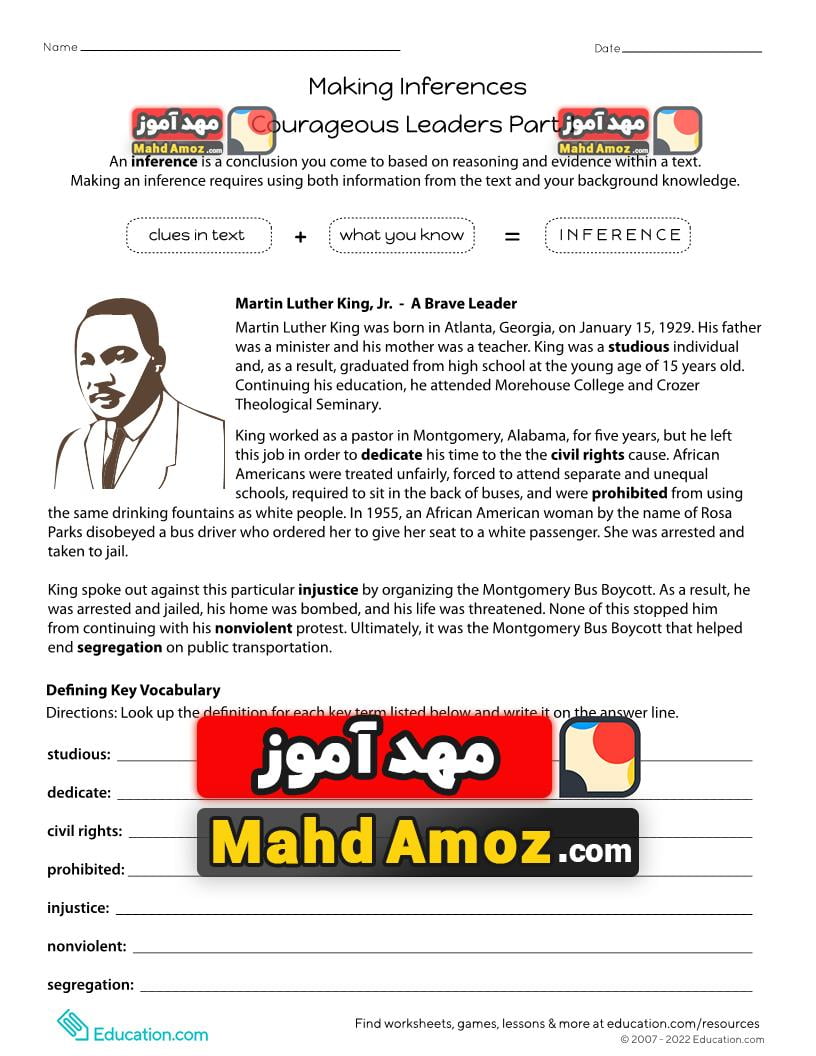 کاربرگ Making Inferences: Courageous Leaders Part 1