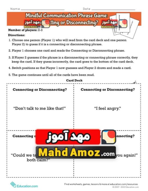 کاربرگ Mindful Communication Phrase Game: Connecting or Disconnecting?