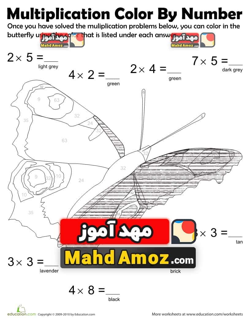 کاربرگ Multiplication Color by Number: Butterfly 1 کاربرگ Multiplication Color by Number: Butterfly 1