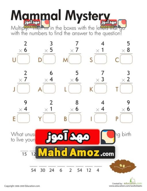 کاربرگ Multiplication: Mammal Mystery