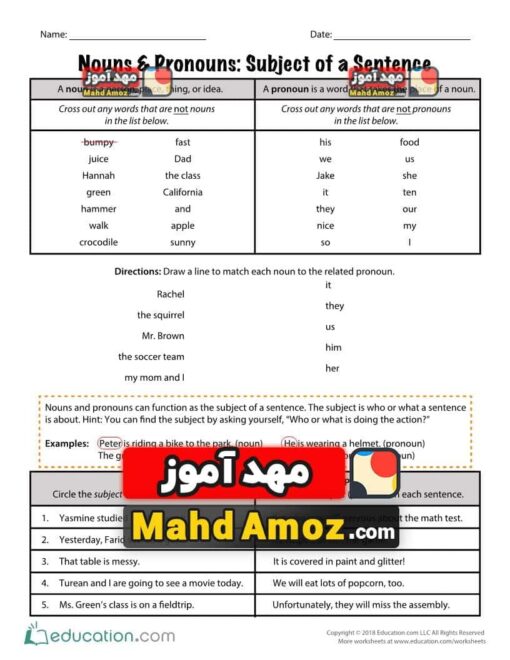 کاربرگ Nouns & Pronouns: Subject of a Sentence