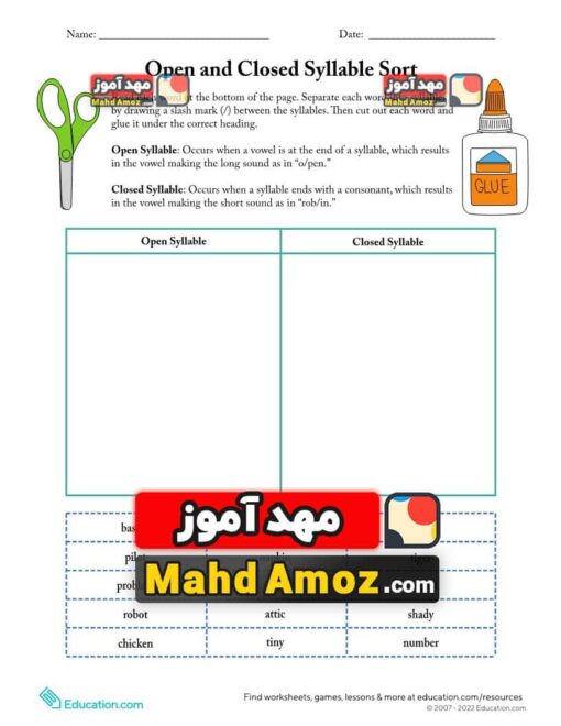 کاربرگ Open and Closed Syllable Sort
