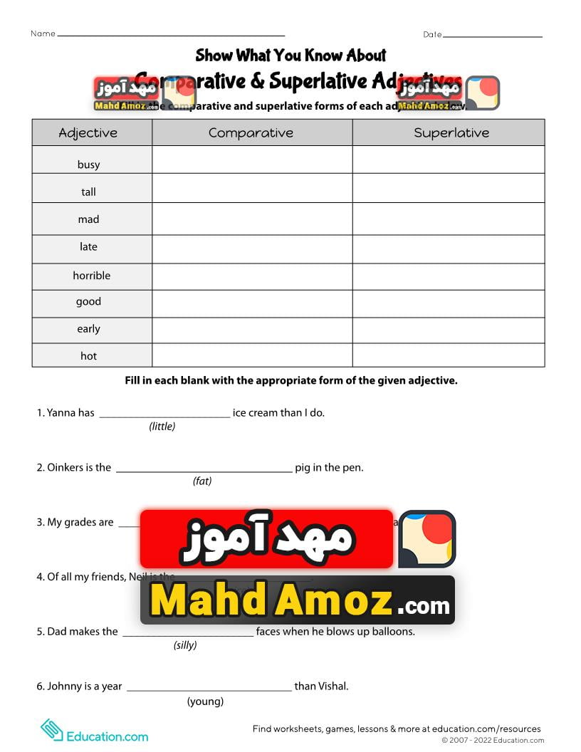 کاربرگ Show What You Know About Comparative & Superlative Adjectives ...