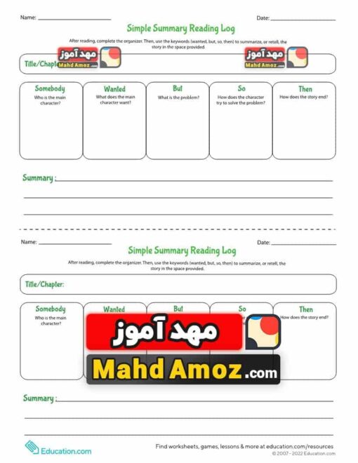 کاربرگ Simple Summary Reading Log