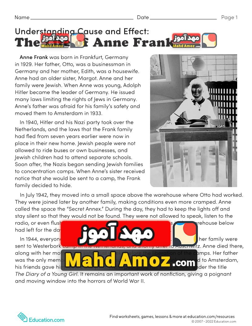 کاربرگ Understanding Cause and Effect: The Life of Anne Frank کاربرگ Understanding Cause and Effect: The Life of Anne Frank