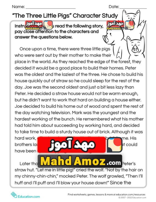 کاربرگ "The Three Little Pigs" Character Study