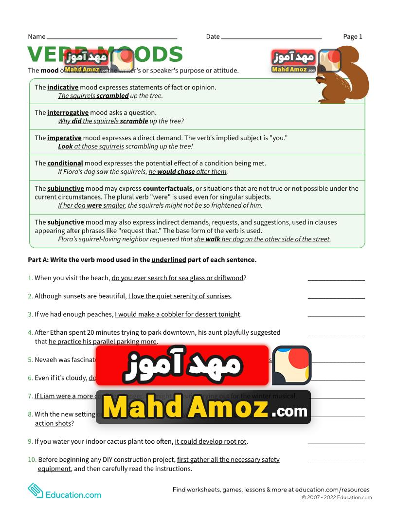 کاربرگ Verb Moods کاربرگ Verb Moods