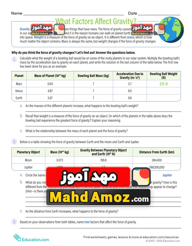 کاربرگ What Factors Affect Gravity? کاربرگ What Factors Affect Gravity?