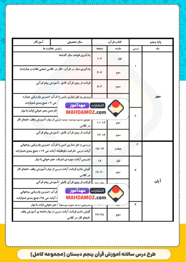 طرح درس سالانه آموزش قرآن (سری2) — پنجم دبستان