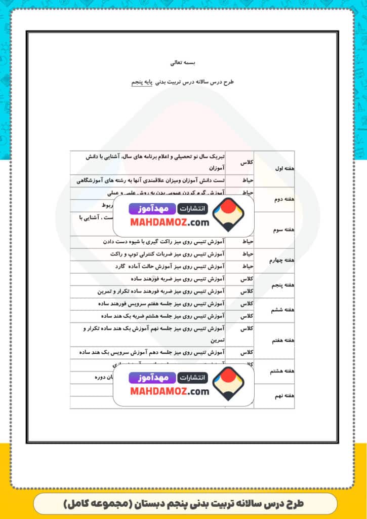 طرح درس سالانه تربیت بدنی (سری1) — پنجم دبستان