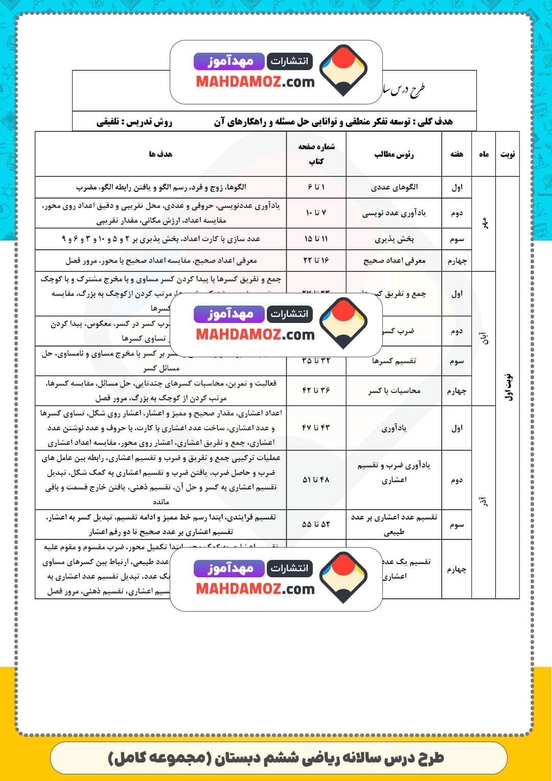 طرح درس سالانه ریاضی (سری5) — ششم دبستان