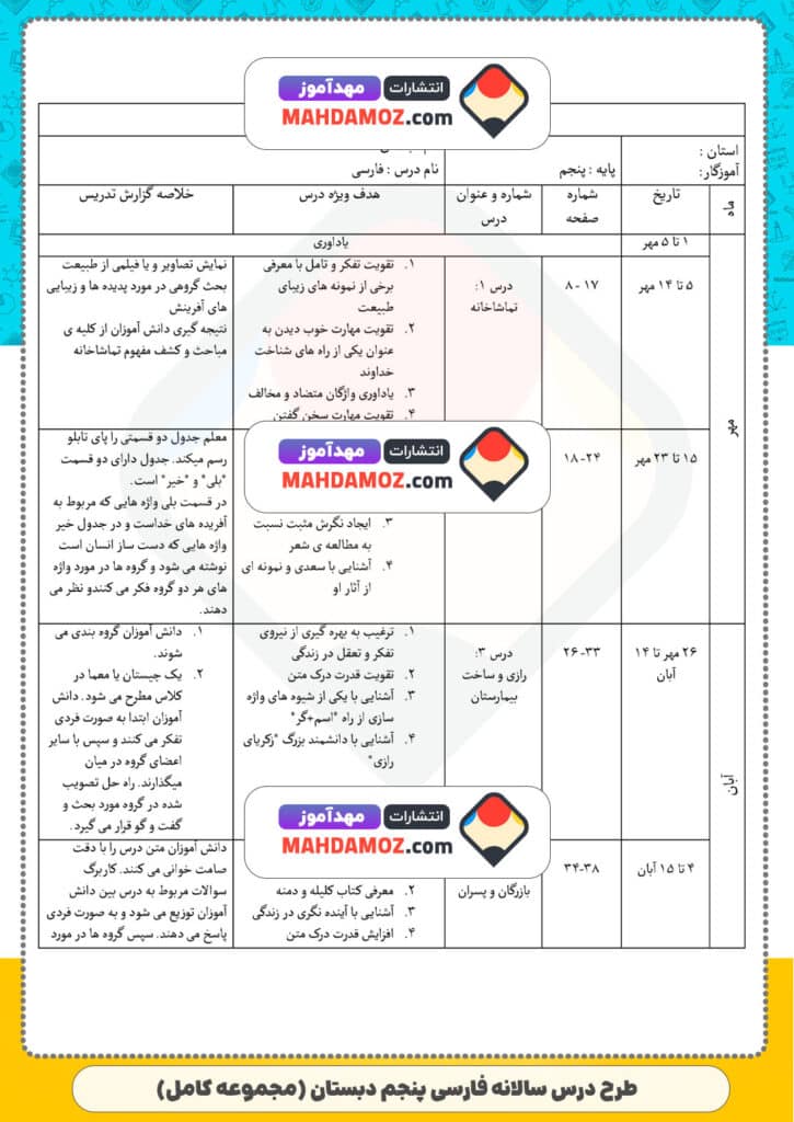طرح درس سالانه فارسی (سری1) — پنجم دبستان
