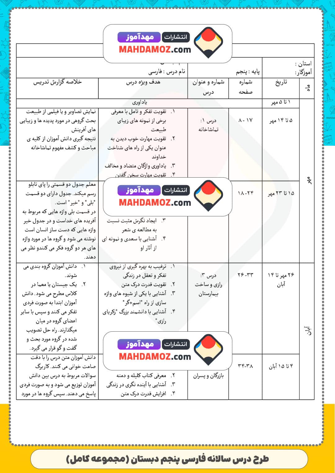 طرح درس سالانه فارسی (سری1) — پنجم دبستان