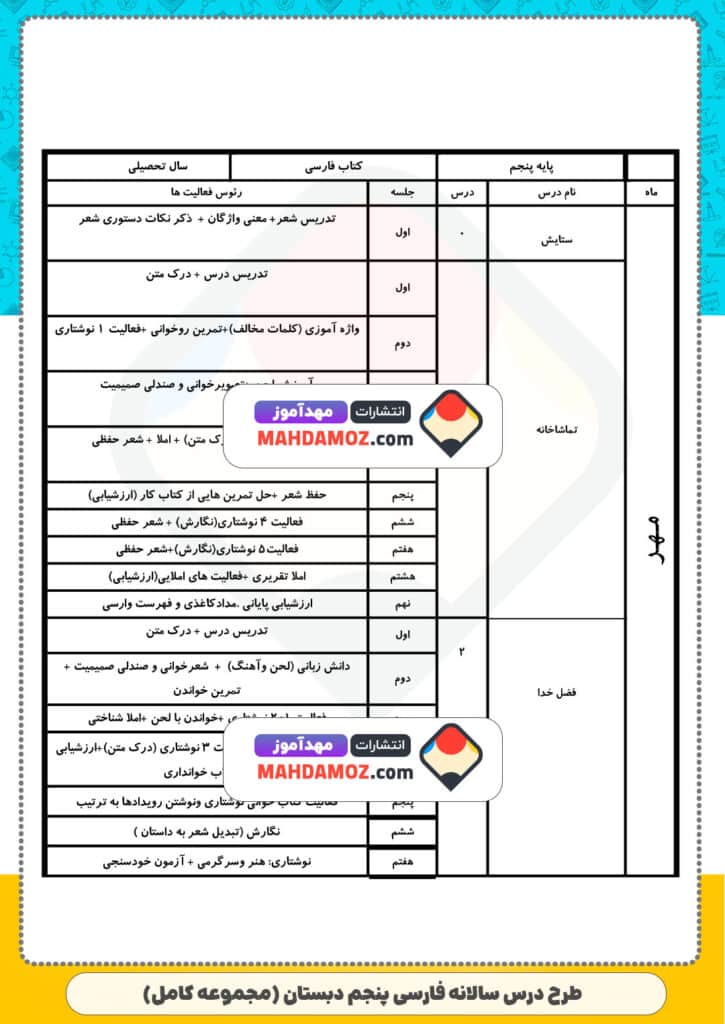 طرح درس سالانه فارسی (سری2) — پنجم دبستان