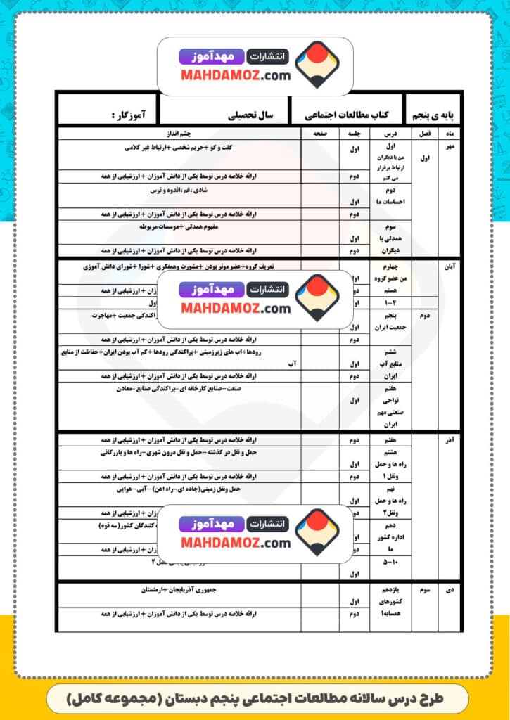 طرح درس سالانه مطالعات اجتماعی (سری1) — پنجم دبستان