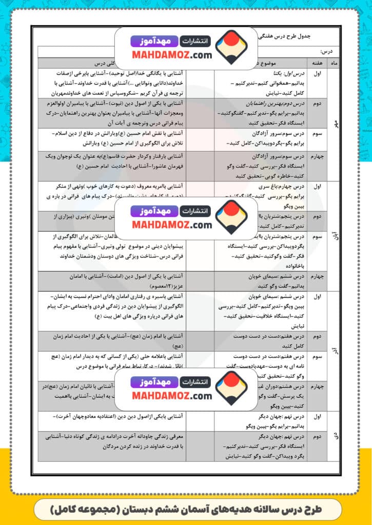 طرح درس سالانه هدیه های آسمان (سری1) — ششم دبستان