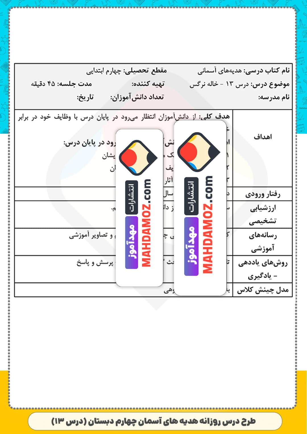 طرح درس روزانه | درس 13 خاله نرگس — هدیه های آسمان چهارم ابتدایی دبستان