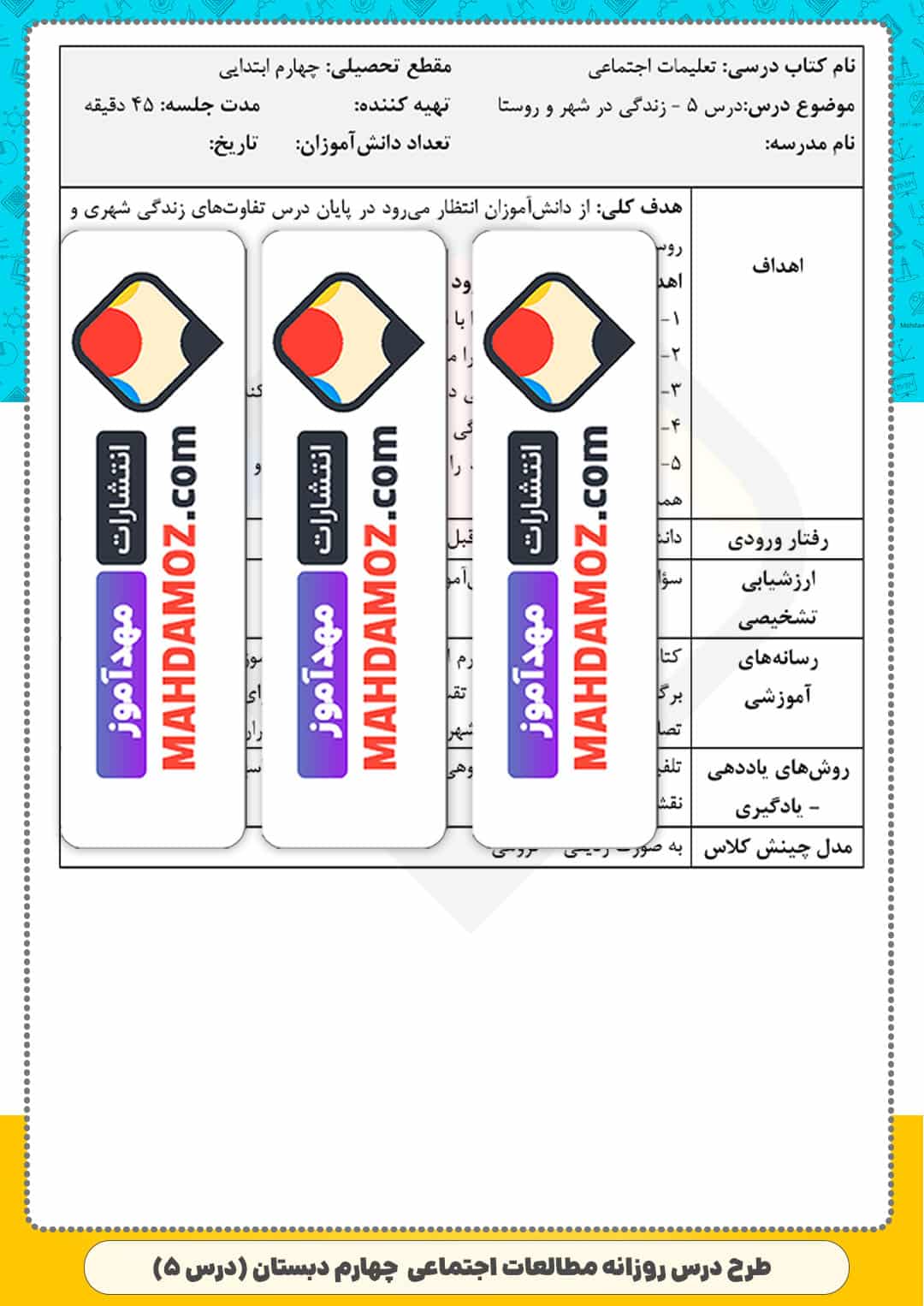 طرح درس روزانه | درس 5 زندگی در شهر و روستا — مطالعات اجتماعی چهارم ابتدایی دبستان