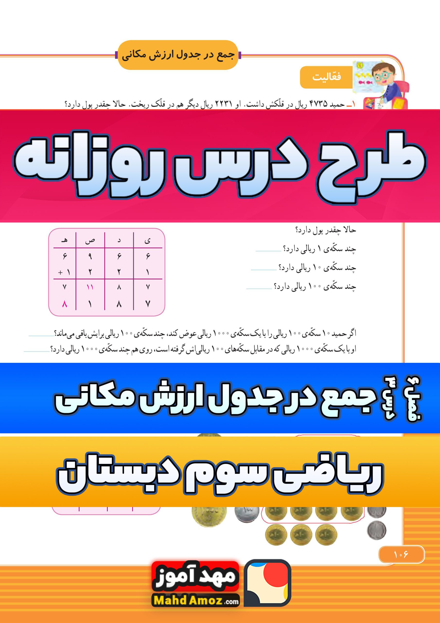 طرح درس روزانه | فصل 6 درس 3 جمع در جدول ارزش مکانی — ریاضی سوم ابتدایی طرح درس روزانه | فصل 6 درس 3 جمع در جدول ارزش مکانی — ریاضی سوم ابتدایی