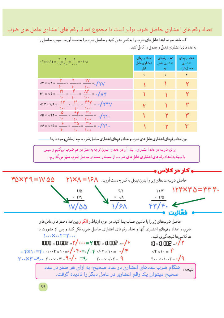 جواب فعالیت و کار در کلاس صفحه 99 فصل 5 — ریاضی پنجم ابتدایی دبستان