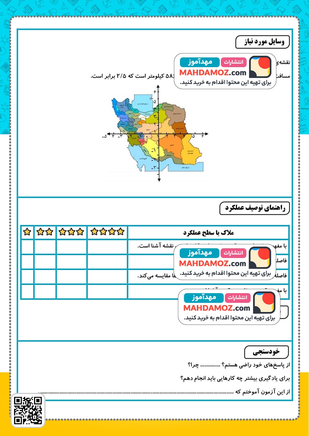 آزمون عملکردی فصل 4 مختصات و تخمین فاصله بین مکان ها (2) — ریاضی ششم دبستان ابتدایی