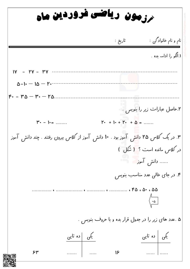 آزمون ریاضی تم 1 تا 21 سال اول تحصیلی | با جواب