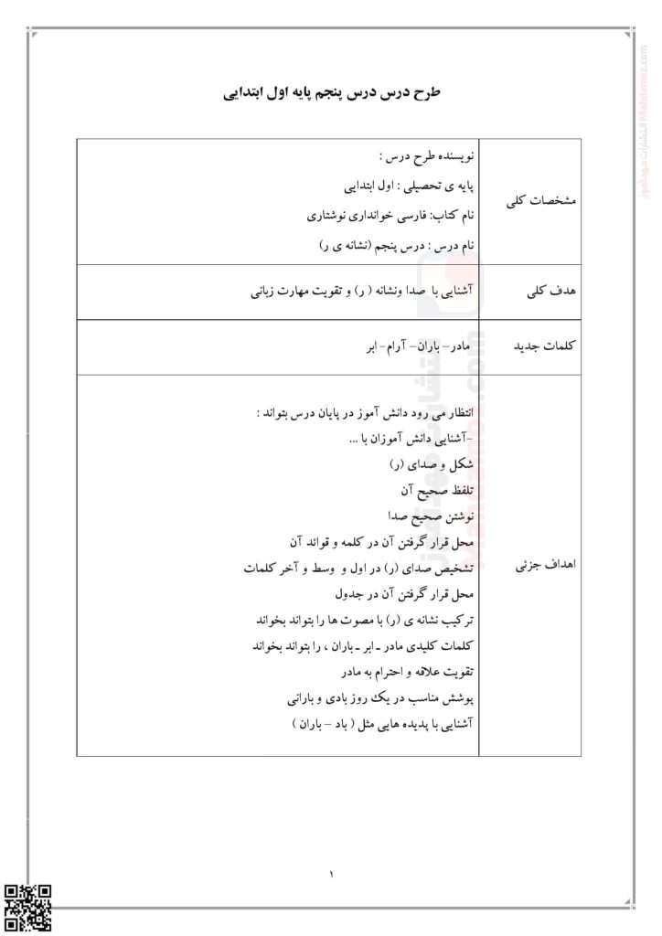 طرح درس نشانه ر و نـ ن درس 5 فارسی کلاس اول