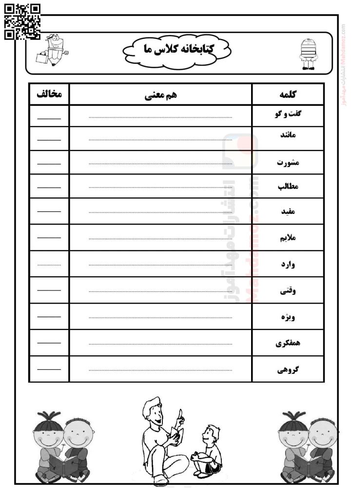 آزمون هم معنی و مخالف درس 1 کتاب خانه ی کلاس ما فارسی دوم دبستان