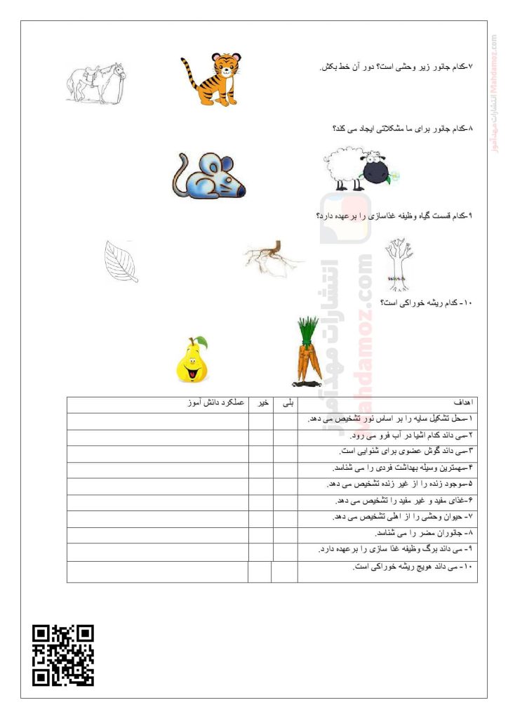 ارزشیابی علوم تجربی درس 1 تا 5 سال اول دبستان