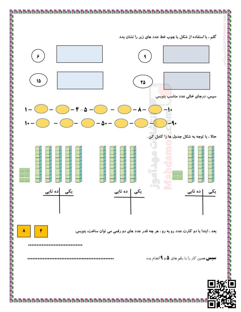 کاربرگ مرور فصل 1 عدد و رقم ریاضی سال دوم دبستان